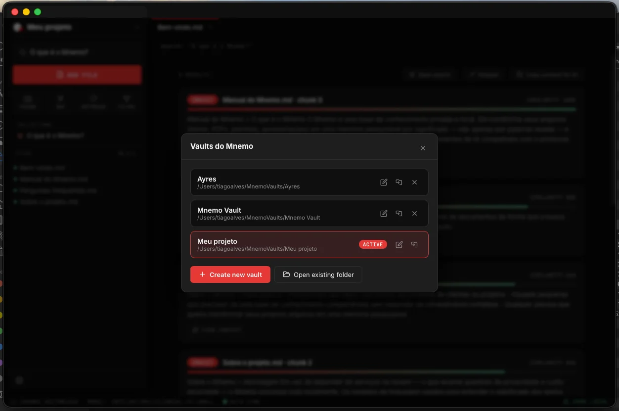 Modal de vaults do Mnemo com três acervos independentes