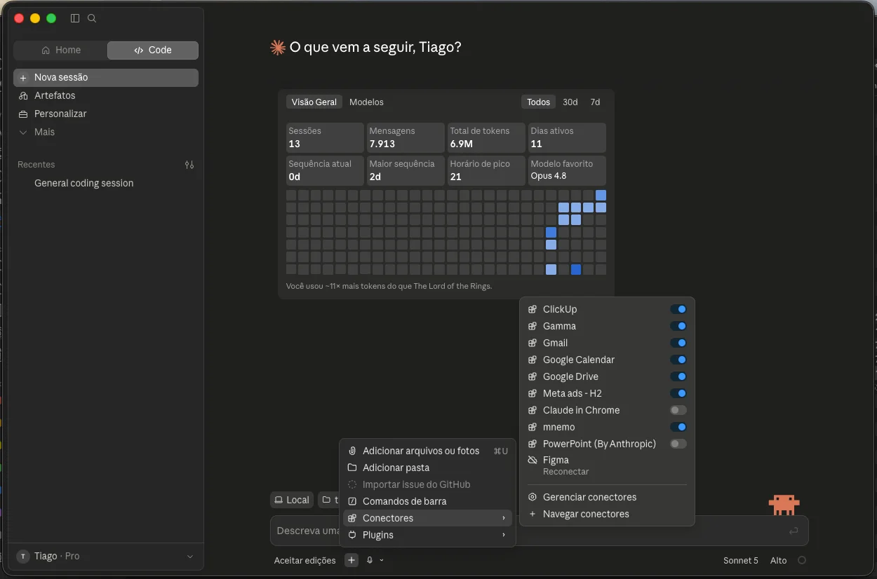 Claude Desktop com o Mnemo ativo na lista de conectores